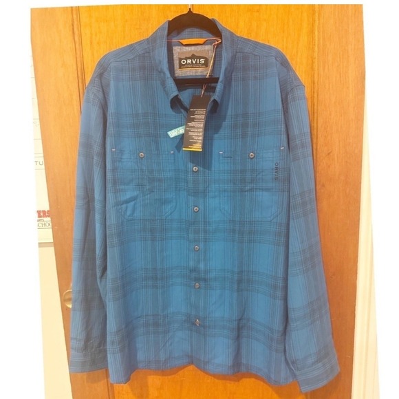 Orvis men's button down XXL blue plaid UPF 40 sun protect NWT long sleeve vented - Picture 2 of 10